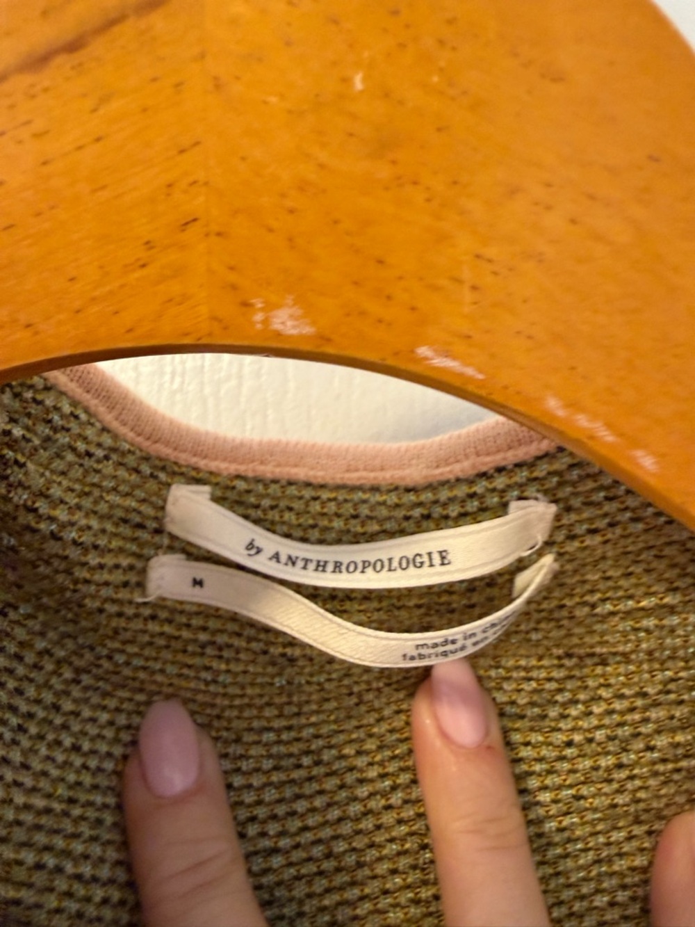 Anthropologie Olive Green Knit Top with Blush Trim - Picture 2 of 3